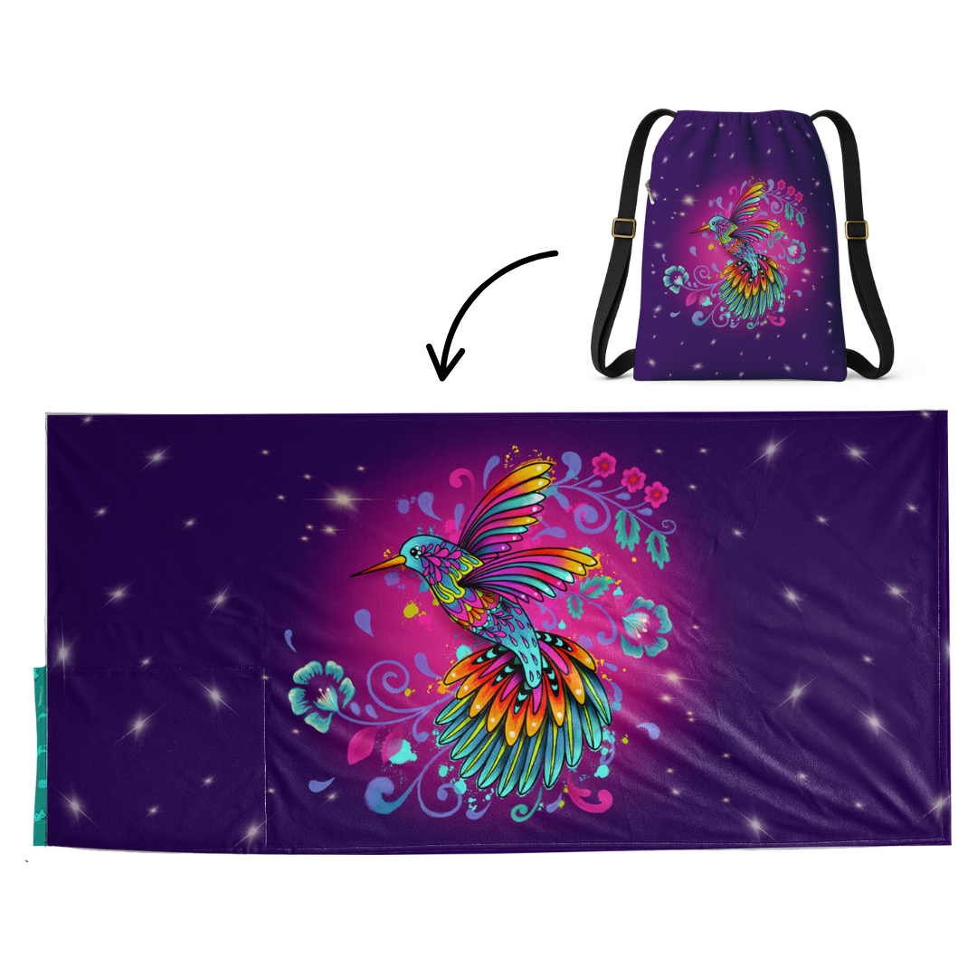 Authentic Mexican Hummingbird beach towel design by Teporingo Mochitoalla