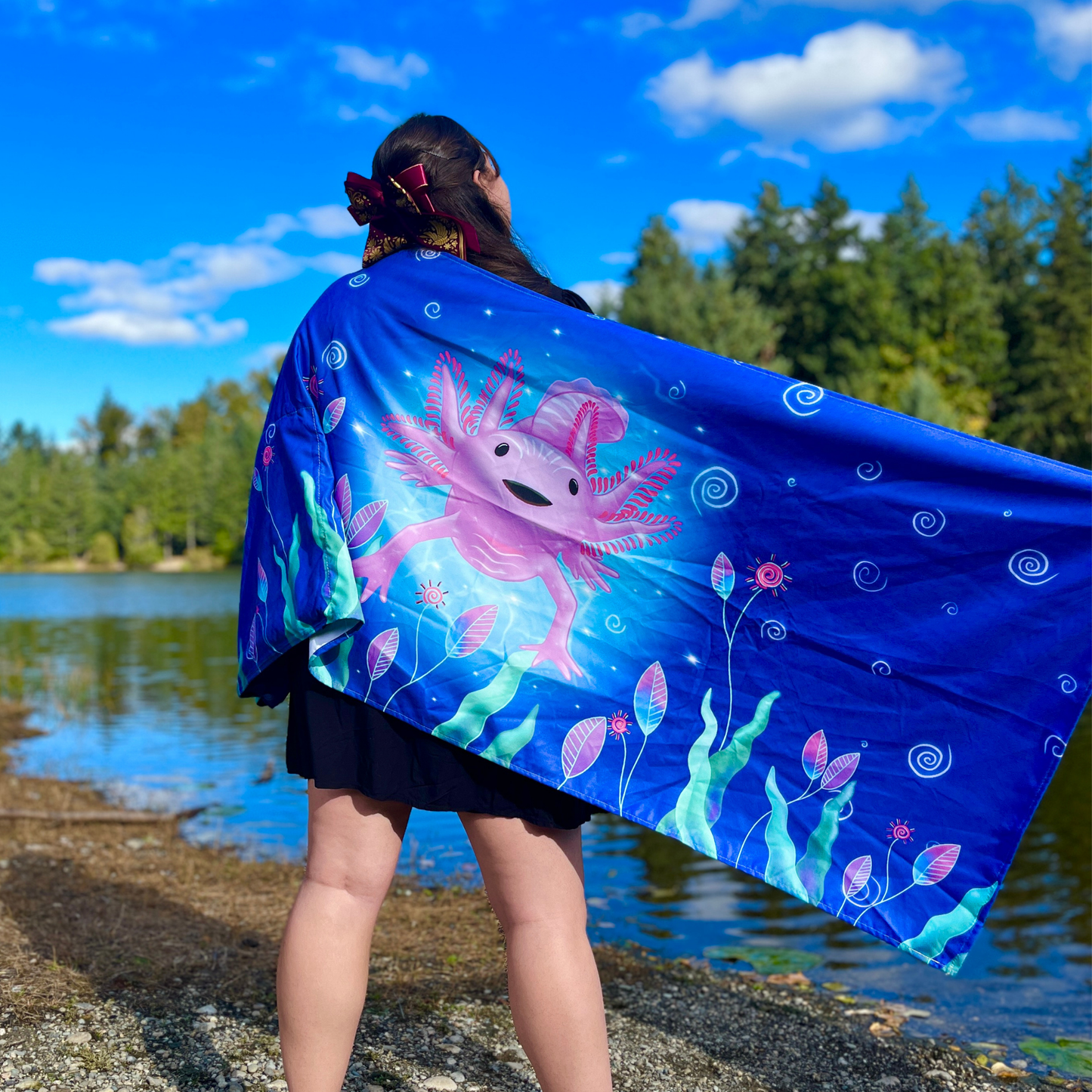 Authentic Mexican Axolotl beach towel design by Teporingo Mochitoalla