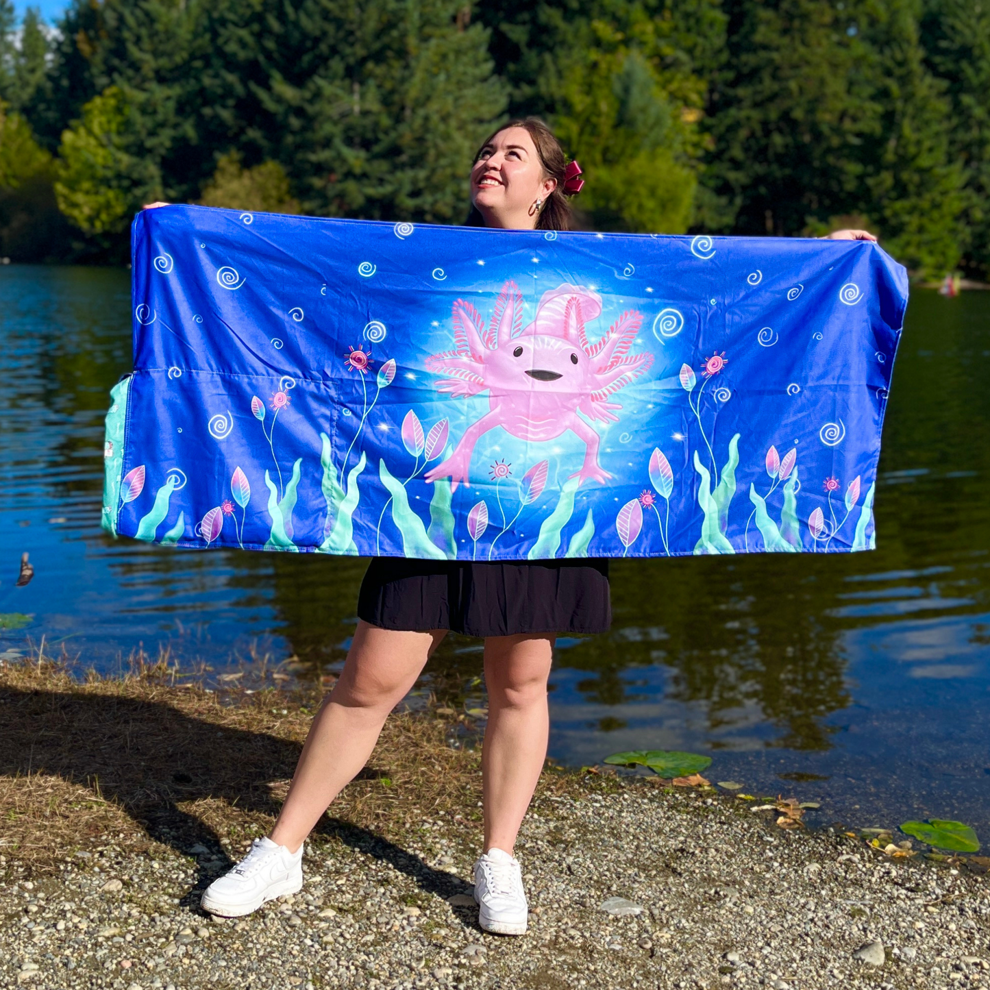 Authentic Mexican Axolotl beach towel design by Teporingo Mochitoalla