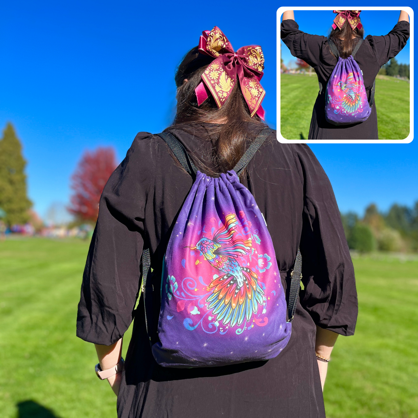 Authentic Hummingbirdbird 2 in 1: beach towel-backpack design by Teporingo Cobichila