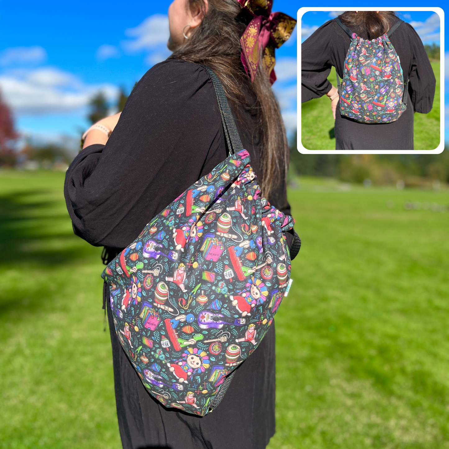 Authentic Mexican Toys Pattern 2 in 1: cozy blanket-backpack design by Teporingo Cobichila