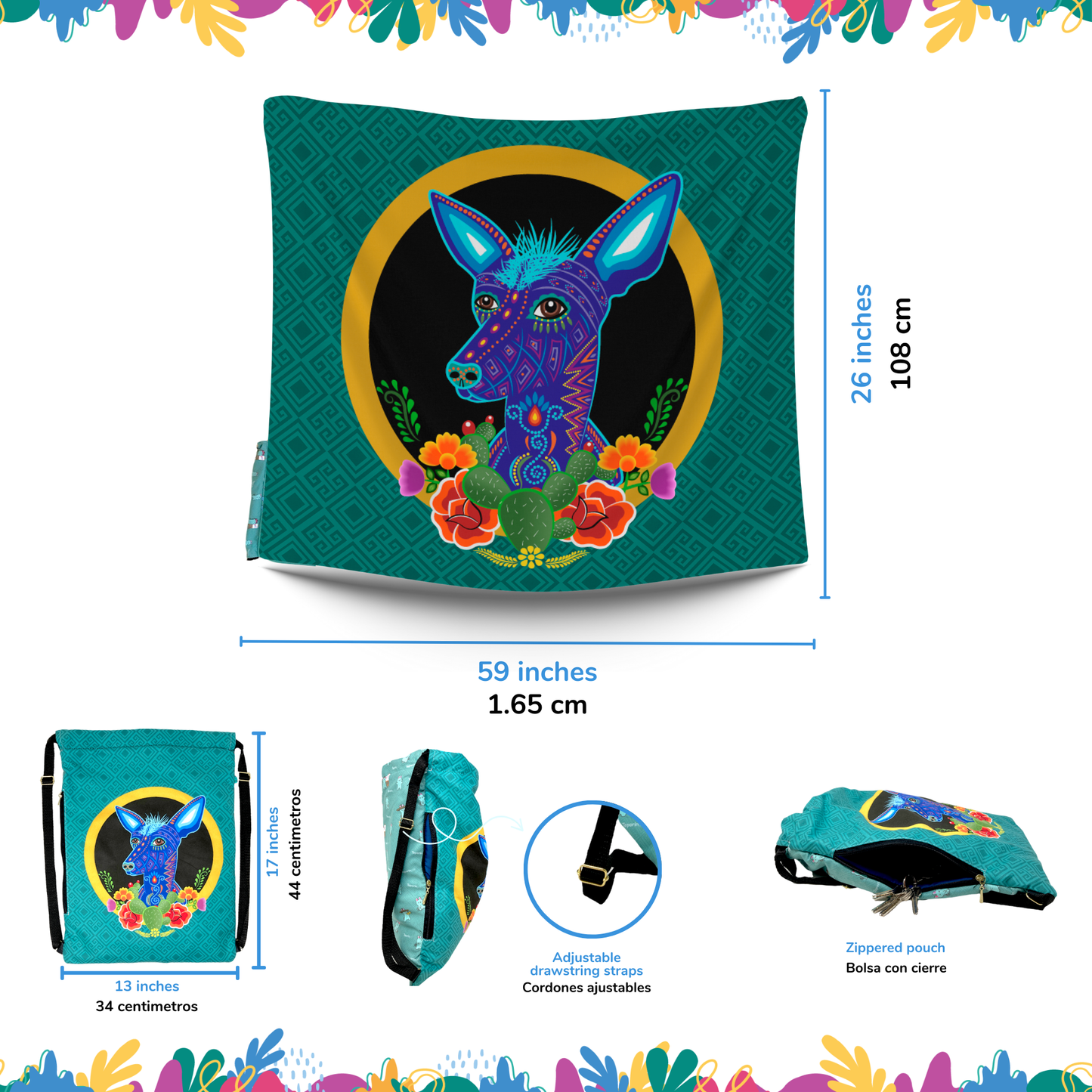 Authentic Mexican Travel Pattern 2 in 1: cozy blanket-backpack design by Teporingo Cobichila