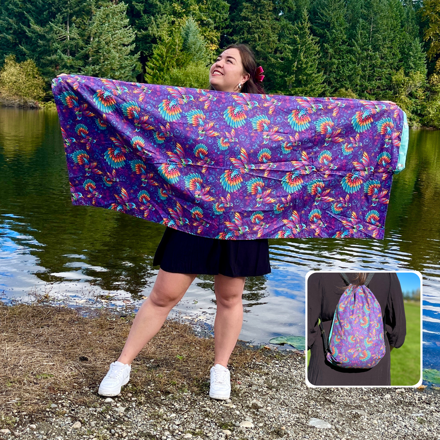 Authentic hummingbird 2 in 1: beach towel-backpack design by Teporingo Mochitoalla
