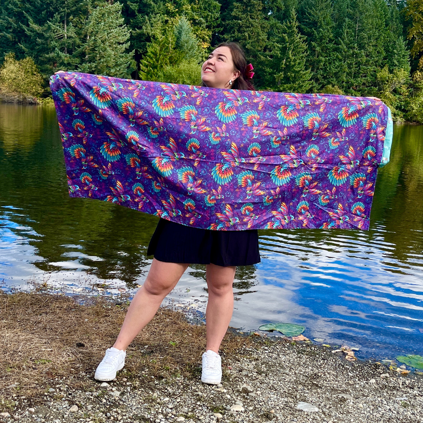 Authentic hummingbird 2 in 1: beach towel-backpack design by Teporingo Mochitoalla