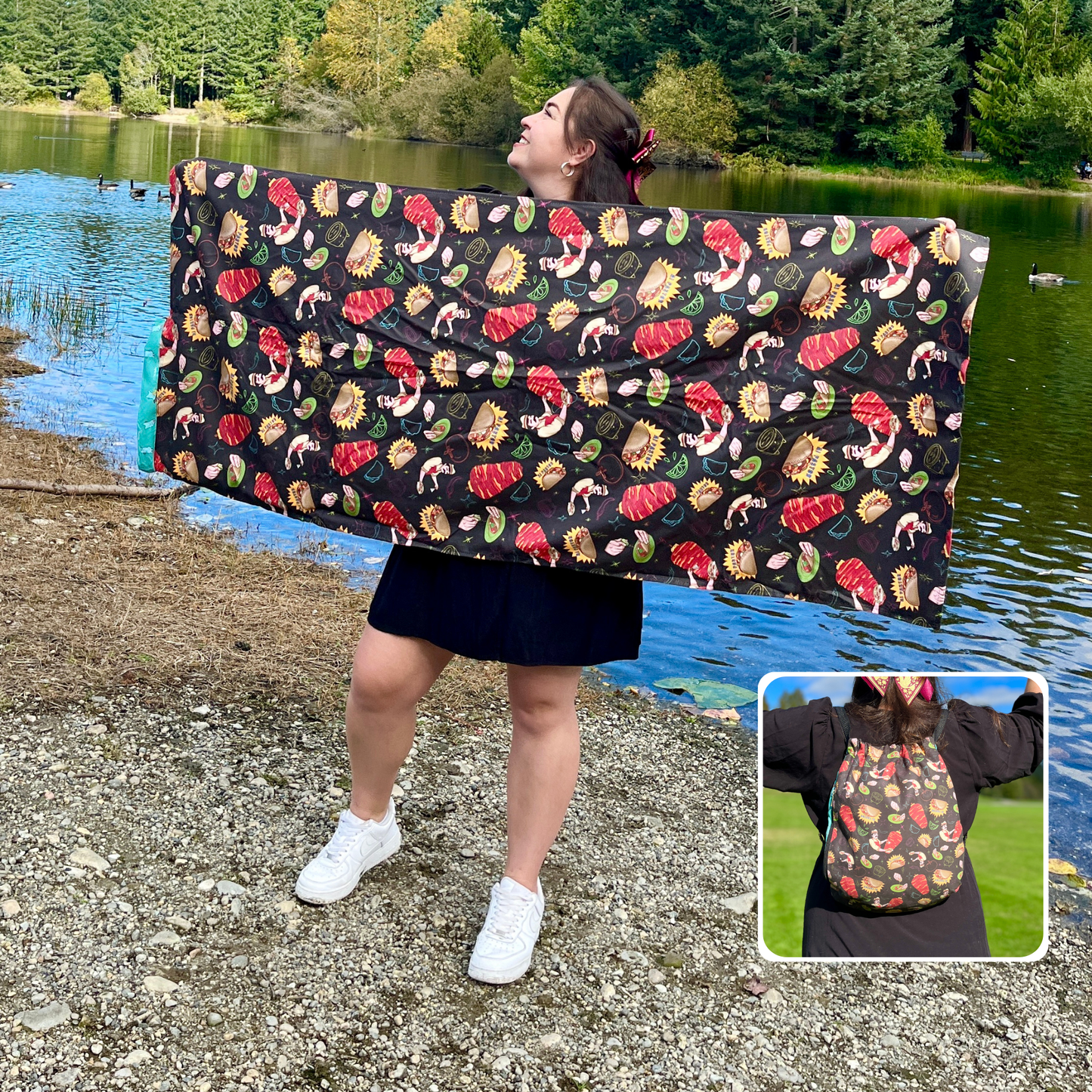 Authentic Tacos Pattern 2 in 1: beach towel-backpack design by Teporingo Mochitoalla