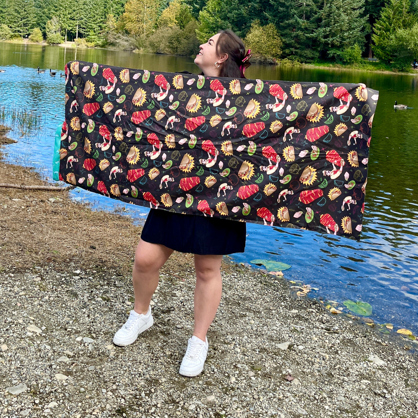 Authentic Tacos Pattern 2 in 1: beach towel-backpack design by Teporingo Mochitoalla