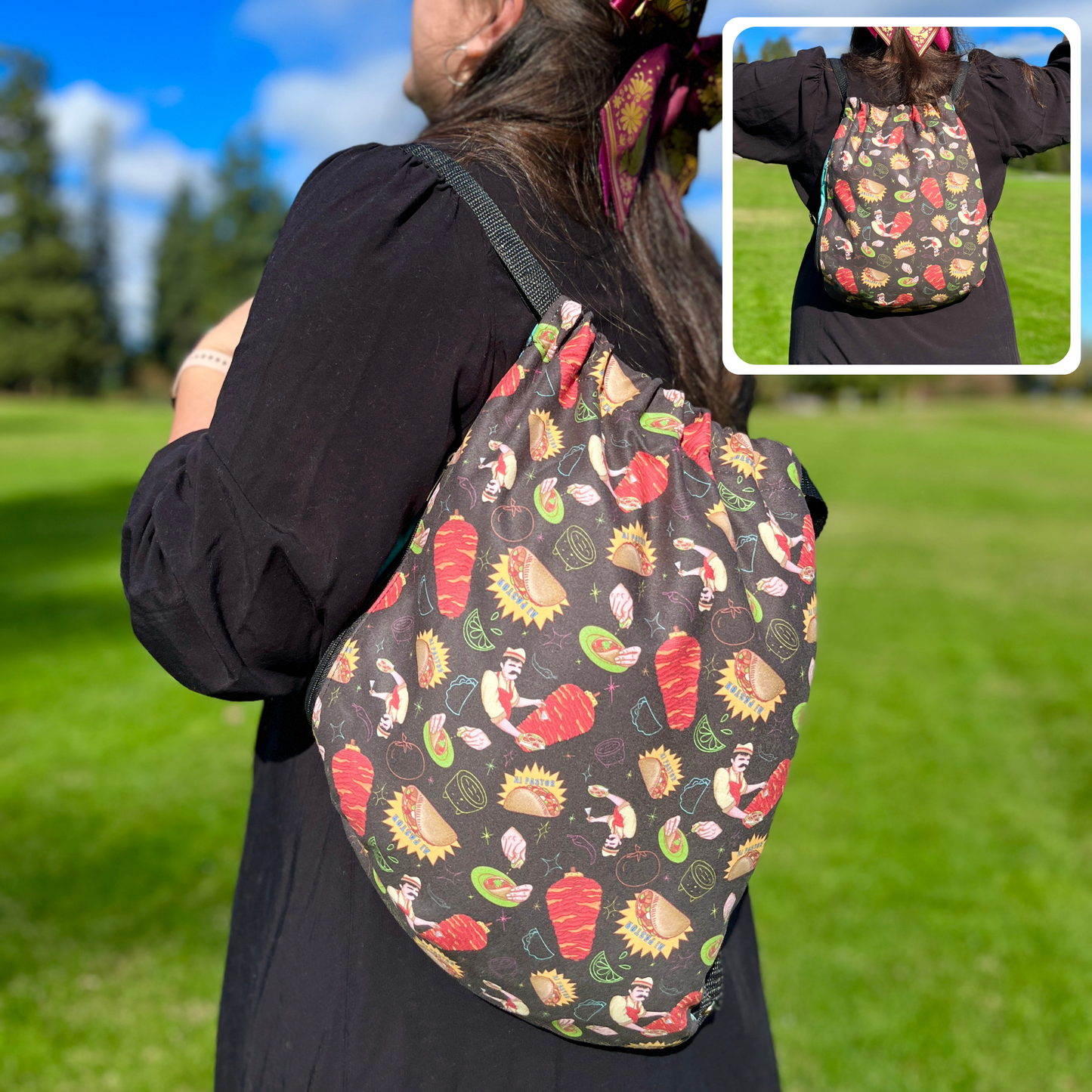 Authentic Tacos Pattern 2 in 1: beach towel-backpack design by Teporingo Mochitoalla
