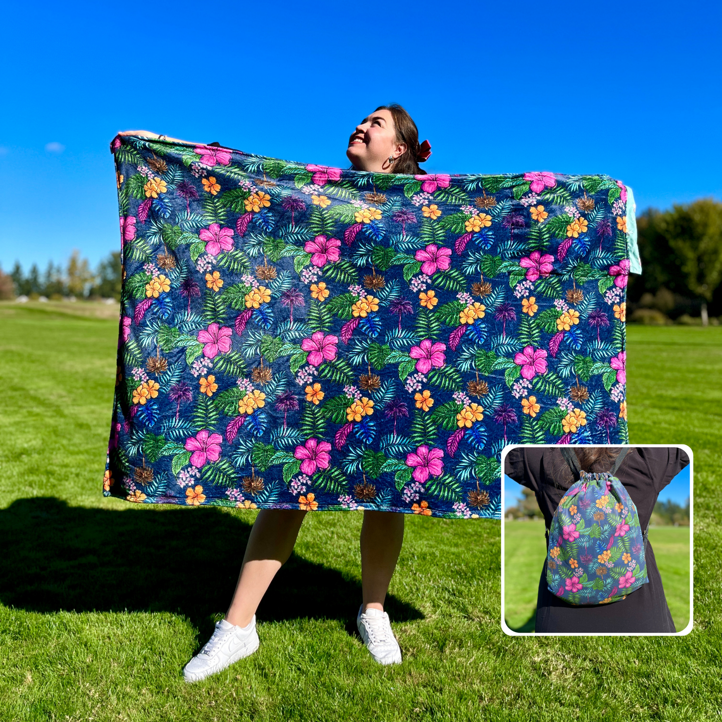 Estampado tropical 2 en 1: Manta-Mochila
