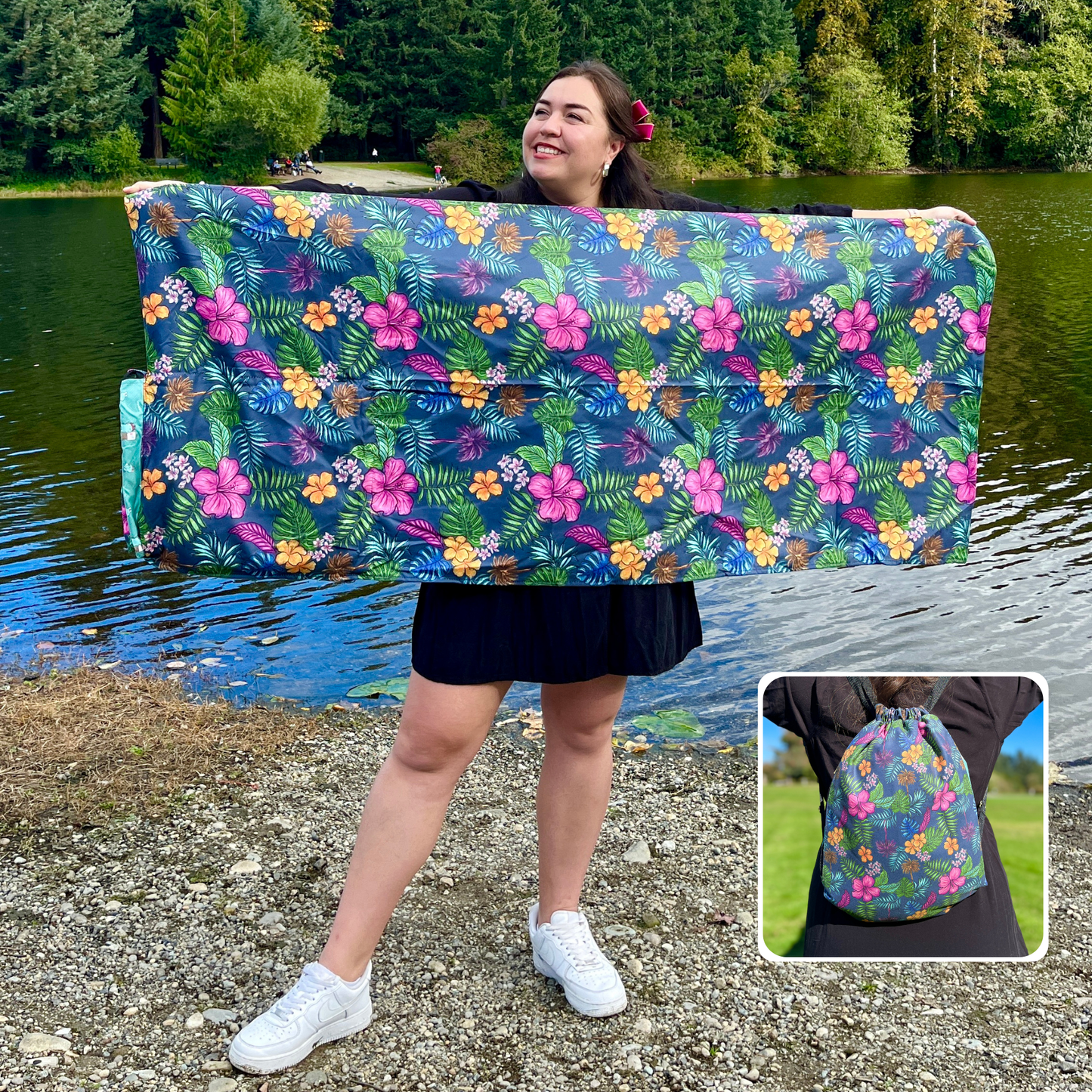Authentic Flowers Pattern 2 in 1: beach towel-backpack design by Teporingo Mochitoalla