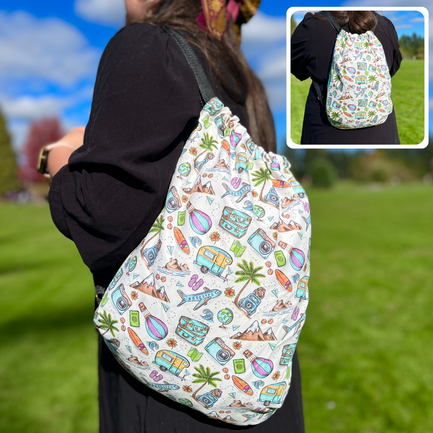 Authentic Travel Pattern 2 in 1: beach towel-backpack design by Teporingo Mochitoalla