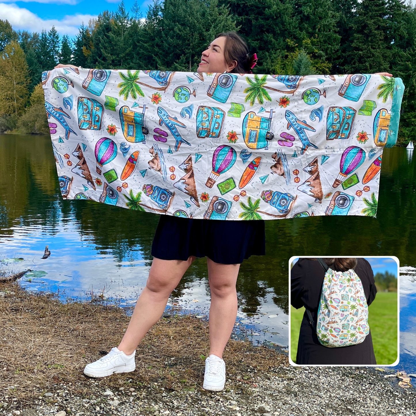 Authentic Travel Pattern 2 in 1: beach towel-backpack design by Teporingo Mochitoalla