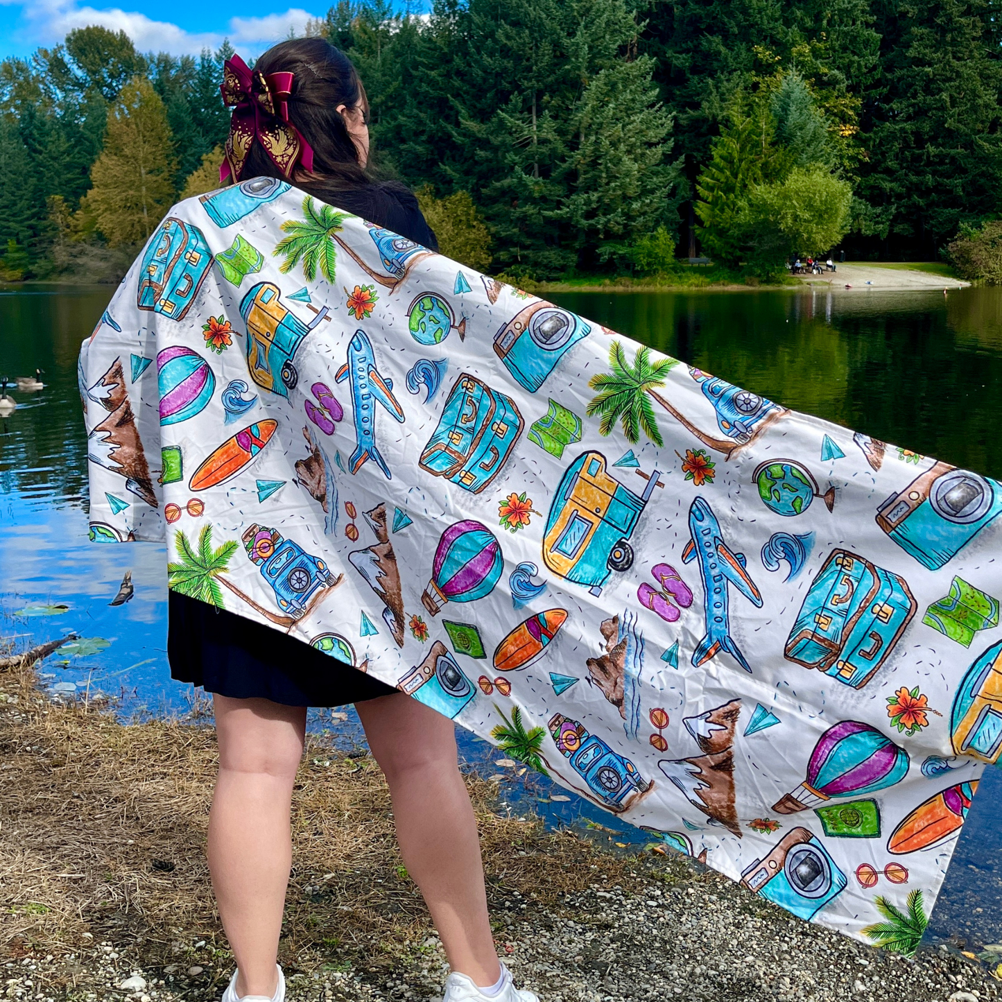 Authentic Travel Pattern 2 in 1: beach towel-backpack design by Teporingo Mochitoalla