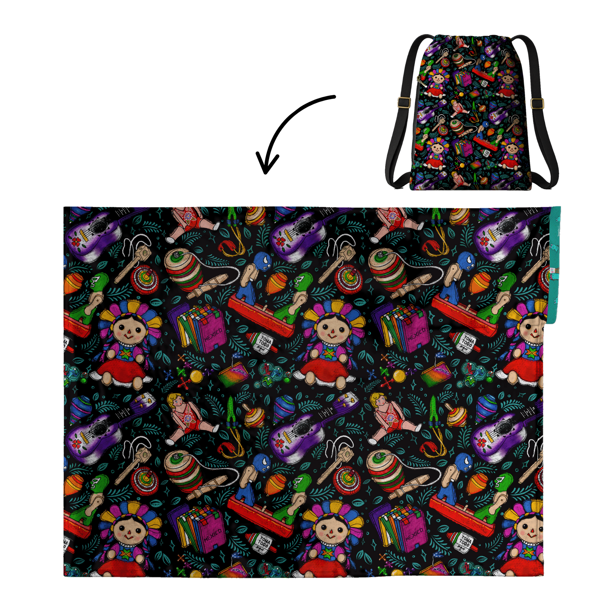 Authentic Mexican Toys Pattern 2 in 1: cozy blanket-backpack design by Teporingo Cobichila