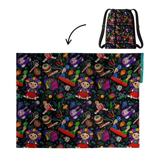 Authentic Mexican Toys Pattern 2 in 1: cozy blanket-backpack design by Teporingo Cobichila
