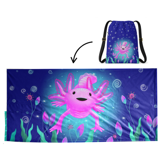 Authentic Mexican Axolotl beach towel design by Teporingo Mochitoalla