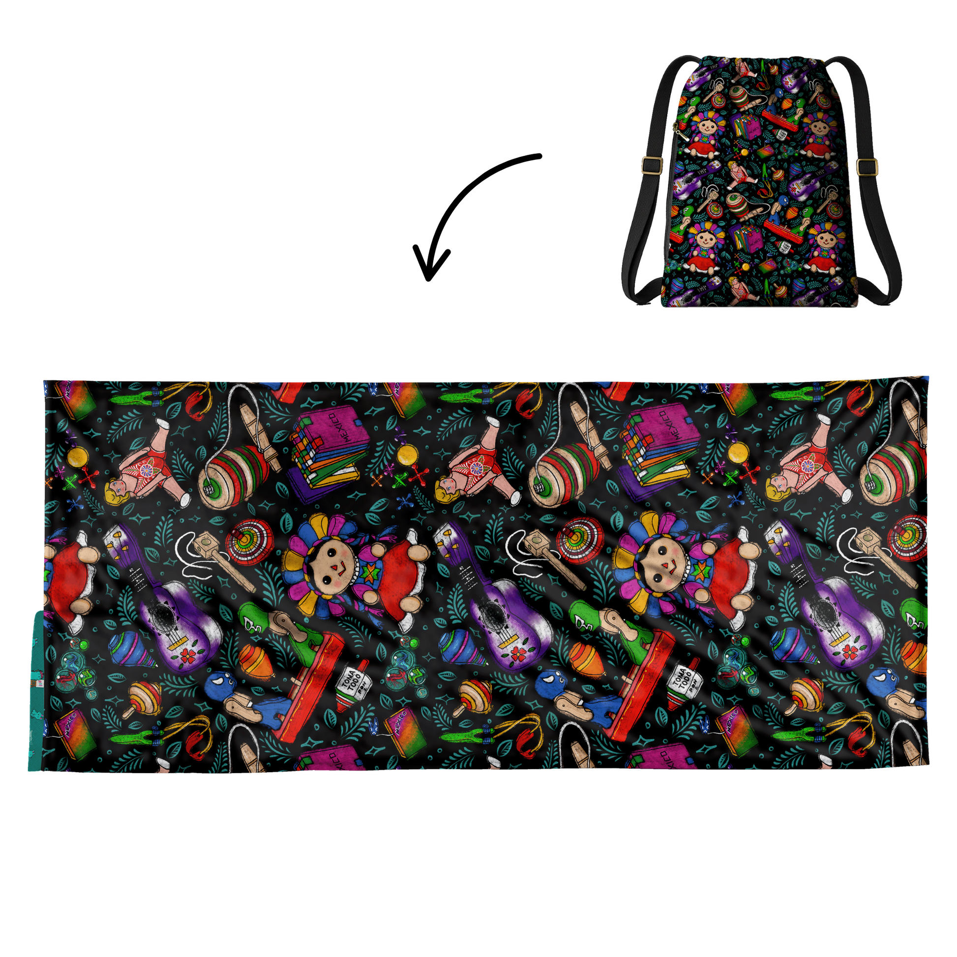 Authentic Mexican Toys 2 in 1: beach towel-backpack design by Teporingo Mochitoalla