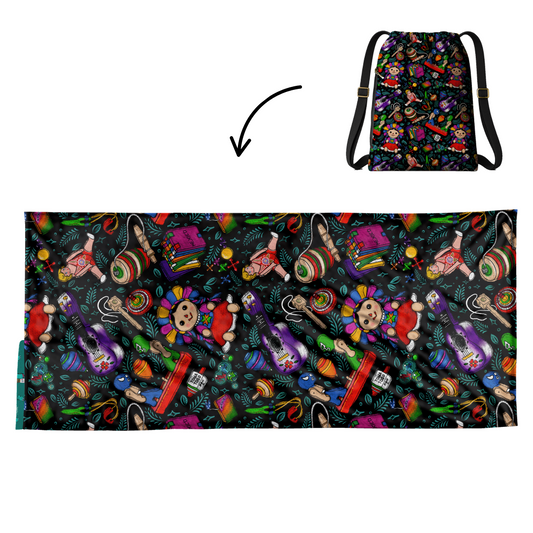Authentic Mexican Toys 2 in 1: beach towel-backpack design by Teporingo Mochitoalla