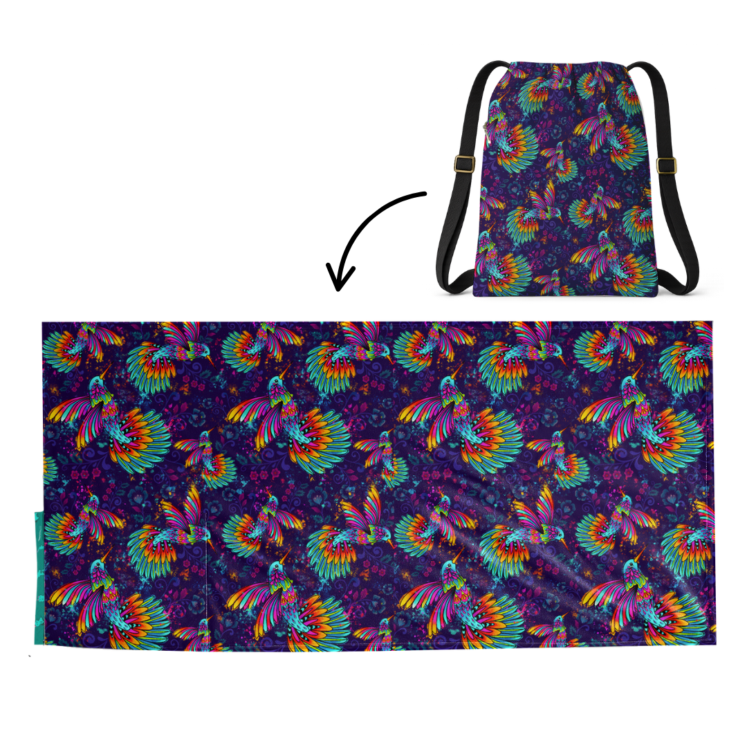 Hummingbird Pattern: 2 in 1 Beach Towel Backpack Sand-Free, Quick-Dry | Mochitoalla