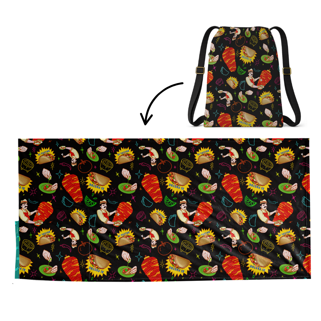 Tacos Pattern: 2 in 1 Beach Towel Backpack Sand-Free, Quick-Dry | Mochitoalla