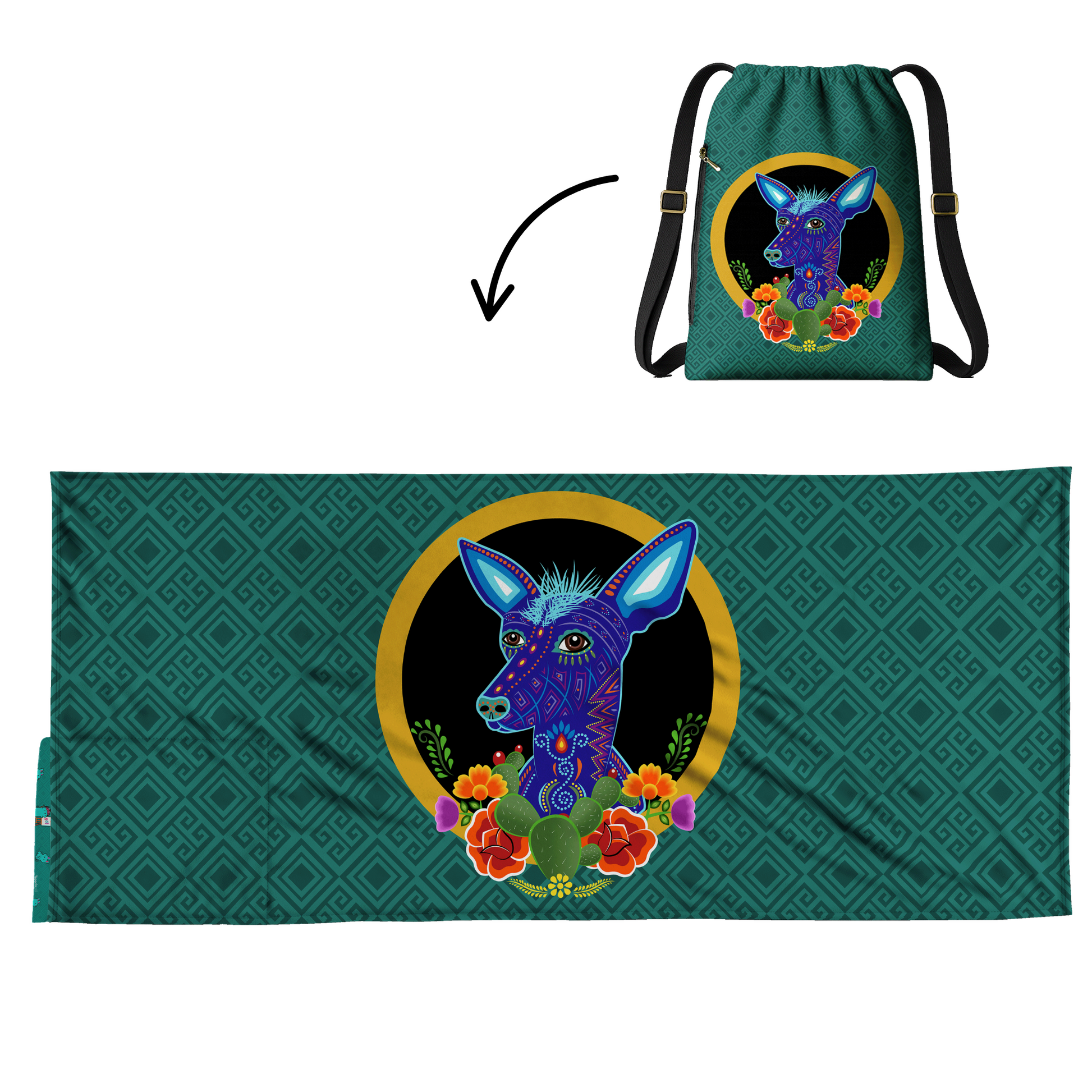Authentic Mexican Xolo beach towel design by Teporingo Mochitoalla