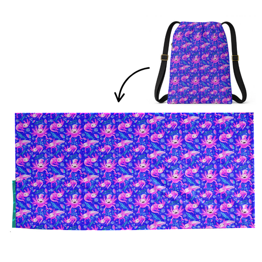 Axolotl Pattern: 2 in 1 Beach Towel Backpack Sand-Free, Quick-Dry | Mochitoalla
