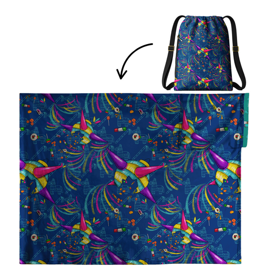 Authentic Mexican Piñata 2 in 1: cozy blanket-backpack design by Teporingo Cobichila
