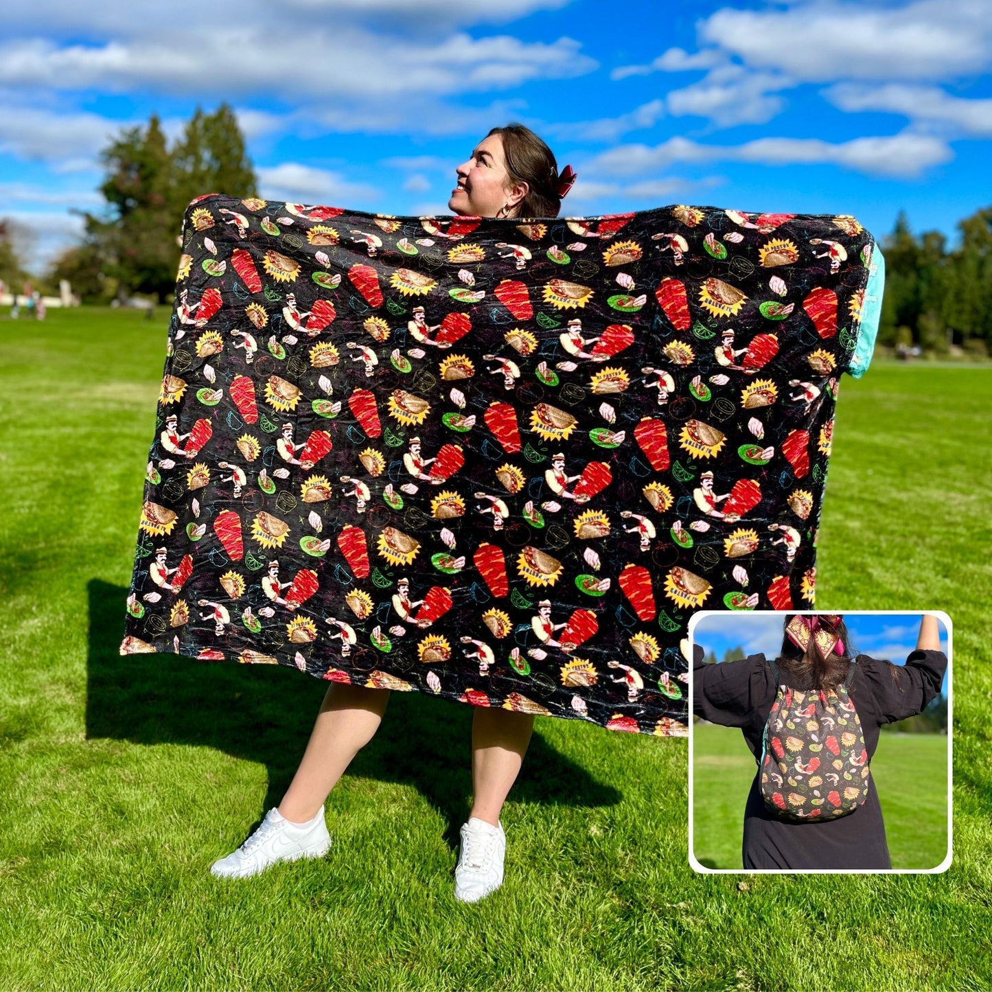 Tacos Pattern: 2-in-1 Cozy Blanket Backpack | Mexican Cobichila | Teporingo