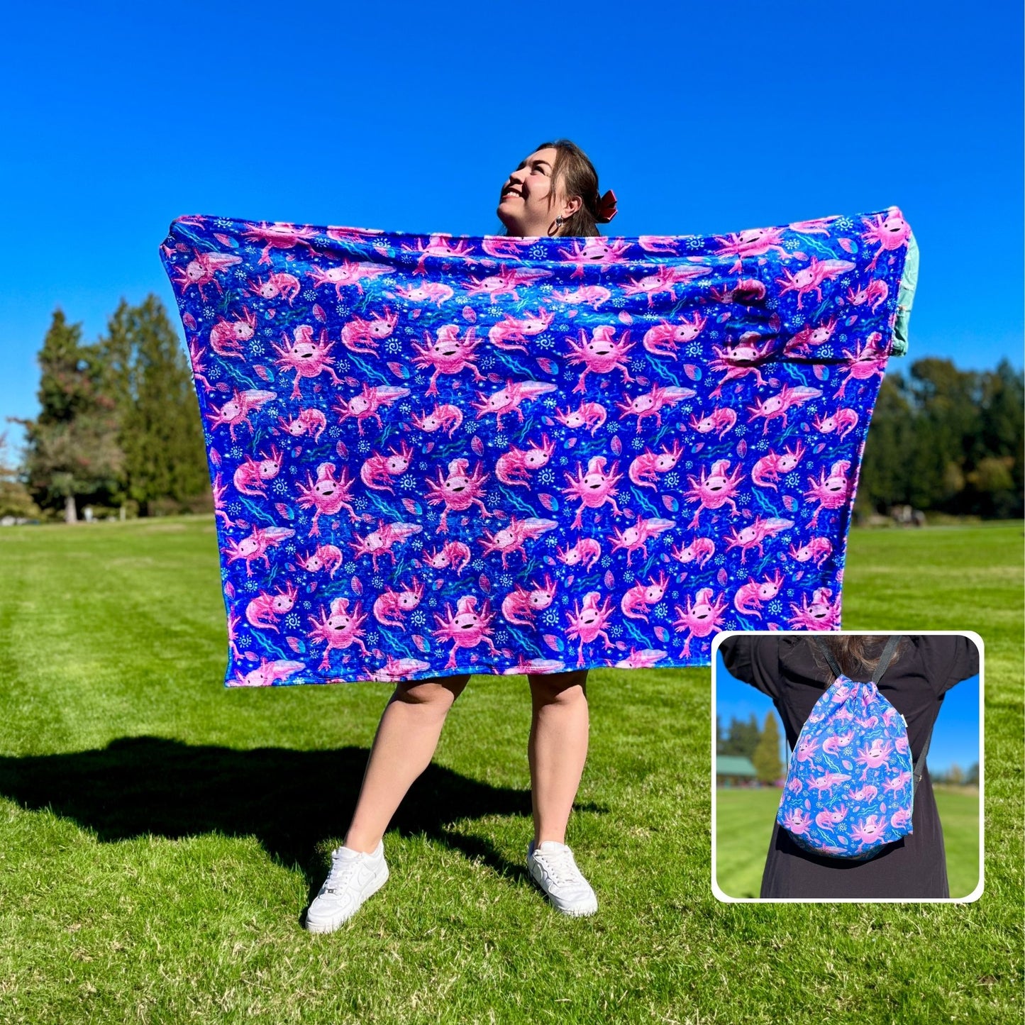 Axolotl Pattern: 2-in-1 Cozy Blanket Backpack | Mexican Cobichila | Teporingo