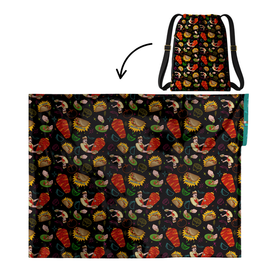 Authentic Mexican Tacos Pattern 2 in 1: cozy blanket-backpack design by Teporingo Cobichila