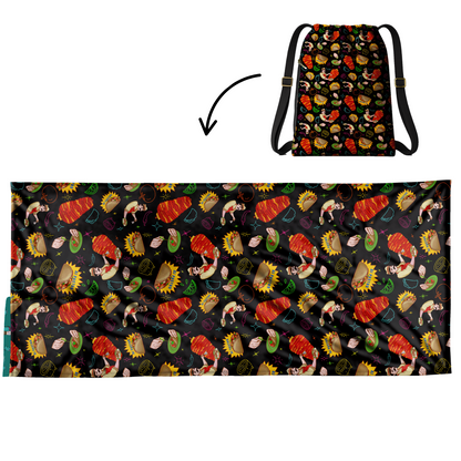 Authentic Tacos Pattern 2 in 1: beach towel-backpack design by Teporingo Mochitoalla