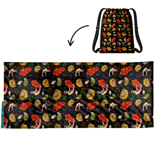 Authentic Tacos Pattern 2 in 1: beach towel-backpack design by Teporingo Mochitoalla