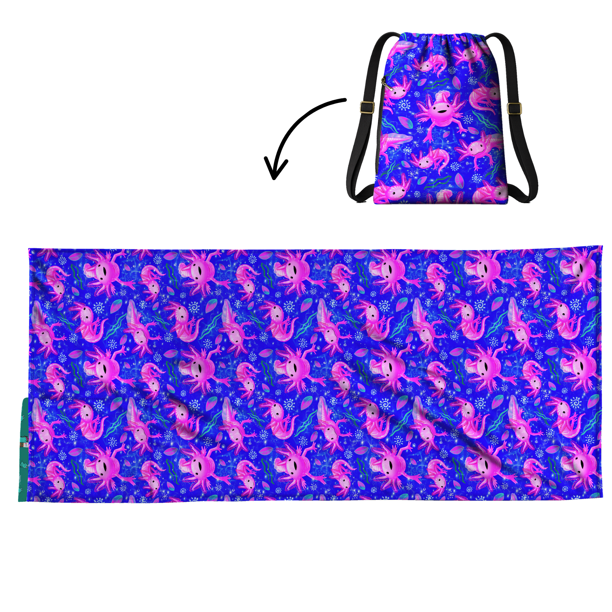 Authentic Axolotl 2 in 1: beach towel-backpack design by Teporingo Mochitoalla