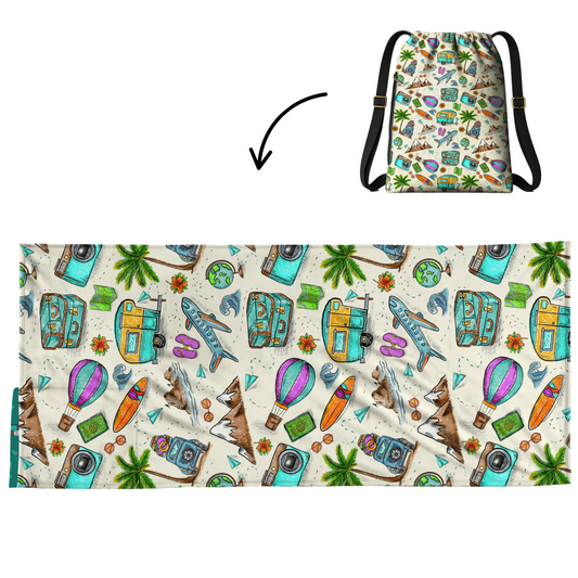 Authentic Travel Pattern 2 in 1: beach towel-backpack design by Teporingo Mochitoalla