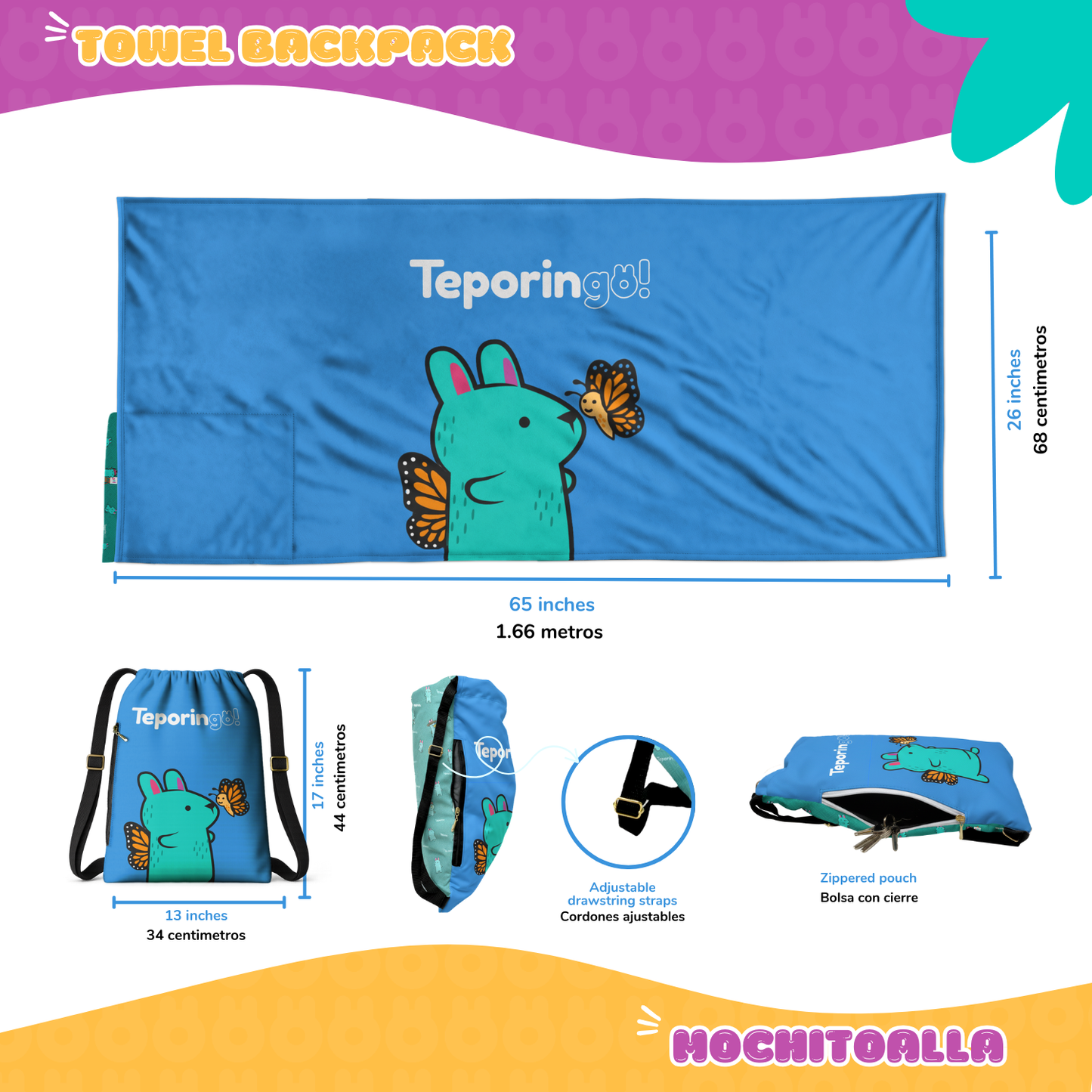 Pinata Pattern: 2-in-1 Beach Towel Backpack | Mexican Mochitoalla | Teporingo